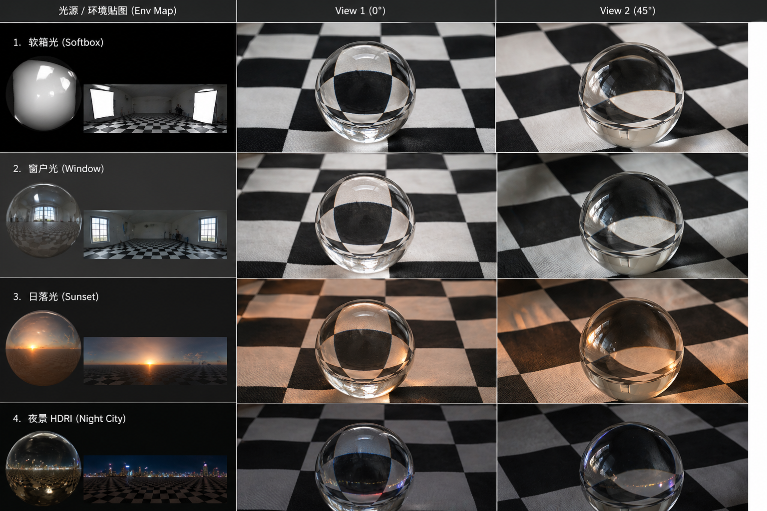 GPT Image 2 output: still-life photograph of a glass sphere in front of a black-and-white checkerboard, rendered from two viewpoints 45° apart under different light sources, with matching environment maps